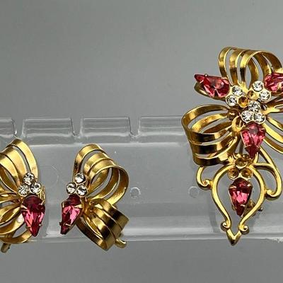 Matching Earrings & Brooch In Gold Tone & Pink
