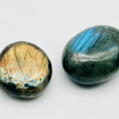 (2) Stunning Polished Minerals Feat. Labradorite Palm Stone With Beautiful Blue Flash
