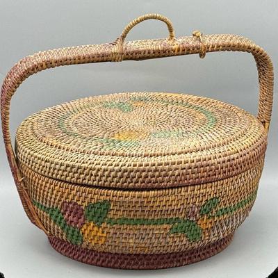 Vintage Handwoven Folk Art Basket With Floral Motif
