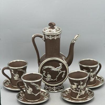 Chinese Chocolate Pot Set With Silver-Colored Overlay
