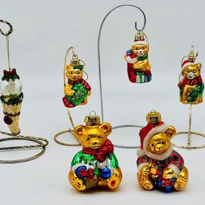 (6) Cats & Bears Blown Mold Christmas Ornaments
