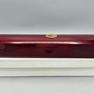 Chinese Lacquered Wood Pen Box With Gold Calligraphy Emblem
