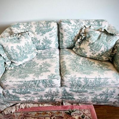 Vintage green toile loveseat (with matching king duvet)