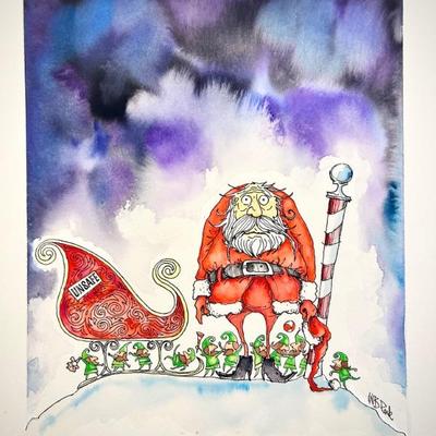 W. B. Park magazine proof - original ink & watercolor - exhausted Santa holiday Christmas