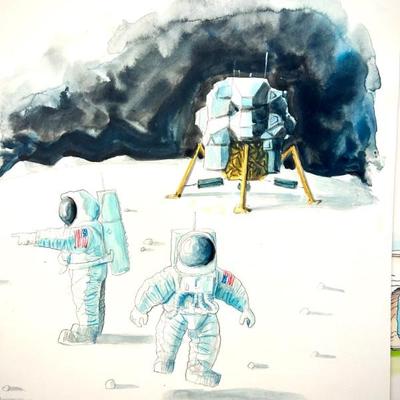 W. B. Park magazine proof - original ink & watercolor - astronauts moon landing