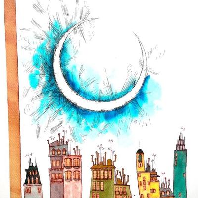 W. B. Park magazine proof - original ink & watercolor - moon over city