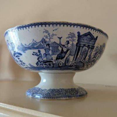 Antique Blue â€œTriumphal Carâ€ blue & white footed bowl