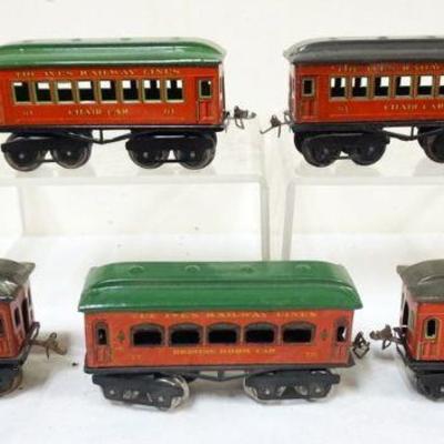 1055	IVES TRAIN O GAUGE  GROUP OF 5 CARS, #61 CHAIR CAR, #62 PARLOR, DRAWING ROOM, #73 OBSERVATION
