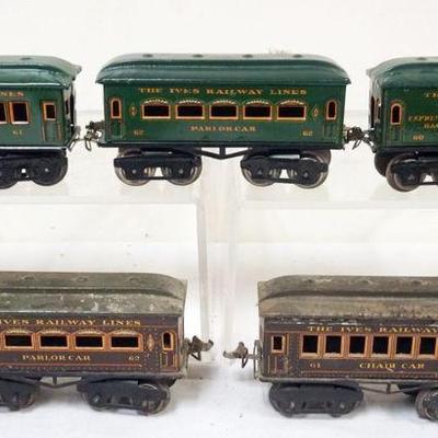 1058	IVES TRAIN O GAUGE  GROUP OF 5 CARS, #60 BAGGAGE, #61 CHAIR CAR, #62 PARLOR
