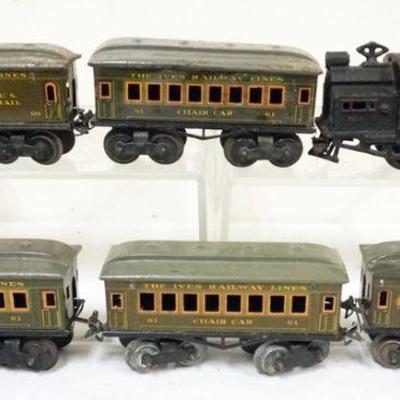 1017	IVES TRAIN O GAUGE #3218 LOCOMOTIVE WITH 5 CARS, #60 U.S. MAIL, 3 - #61 CHAIR CARS AND #62 PARLOR CAR
