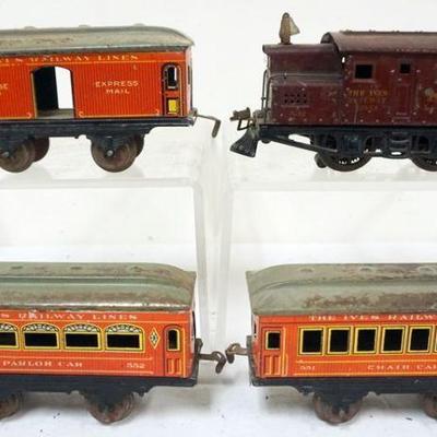 1029	IVES TRAIN O GAUGE #3252 ENGINE WITH 3 CARS, #550 BAGGAGE, #551 CHAIR CAR
