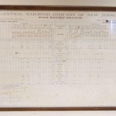 1250	FRAMED ANTIQUE TIMETABLE 1890 CENTRAL RAILROAD CONPANY OF NEW JERSEY, HIGHBRIDGE BRANCH, APPROXIMATELY 18 IN X 35 IN OVERALL
