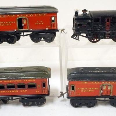 1016	IVES TRAIN O GAUGE #3253 LOCOMOTIVE WITH 3 CARS, 2 - #60 BAGGAGE CARS AND #73 OBERVATION
