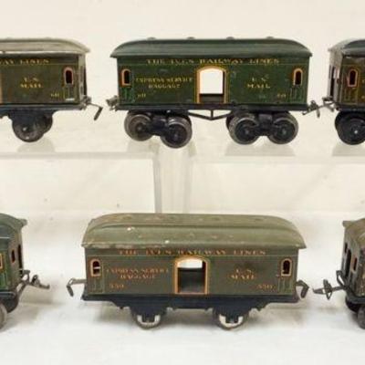 1039	IVES TRAIN O GAUGE GROUP OF 6 CARS, #60 BAGGAGE, #61 CHAIR CAR, #550 BAGGAGE, #551 CHAIR CAR
