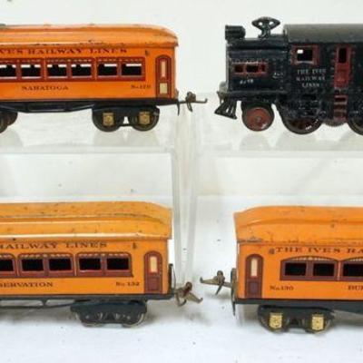 1030	IVES TRAIN O GAUGE #551 CHAIR CAR, #552 PARLOR WITH 3 CARS, #129 SARATOGA, #130 BUFFET, #132 OBSERVATION
