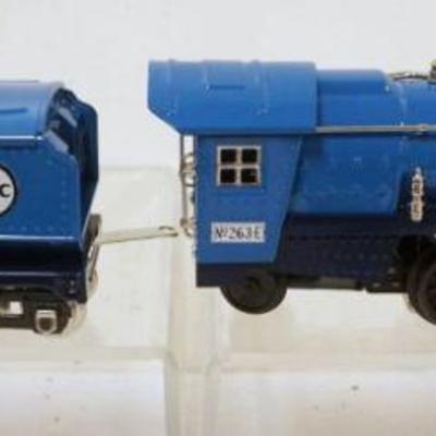 1080	M.T.H. O GAUGE BLUE COMET TRAIN, #263E LOCOMOTIVE AND NYC TENDER WITH BOXES

