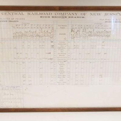 1249	FRAMED ANTIQUE TIMETABLE 1890 CENTRAL RAILROAD CONPANY OF NEW JERSEY, HIGHBRIDGE BRANCH, APPROXIMATELY 18 IN X 35 IN OVERALL
