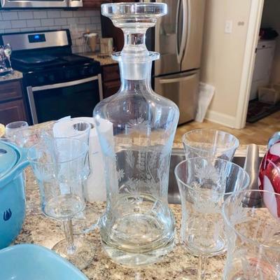Etched Glass Decanter Set