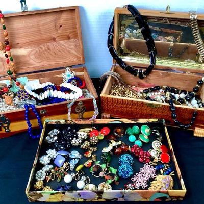 BIHY903 Jewlery Boxes Filled With Vintage Necklaces Earrings & More	2 wooden jewelry boxes filled with vintage jewelry, including a large...
