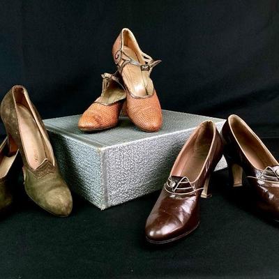 BIHY914 Women's Vintage 1940s Dress Shoes	Circa 1930s to 1940s Three pairs of women's heeled shoes in leather and Â suede.
