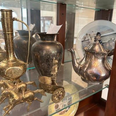 Brass figurines, teapots, vases