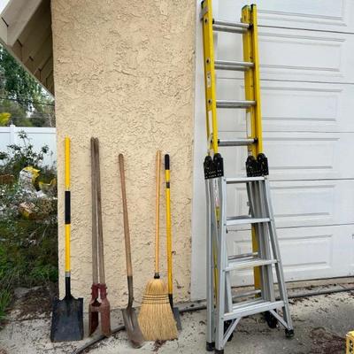 Outdoor yard tools.
Multiple ladders.