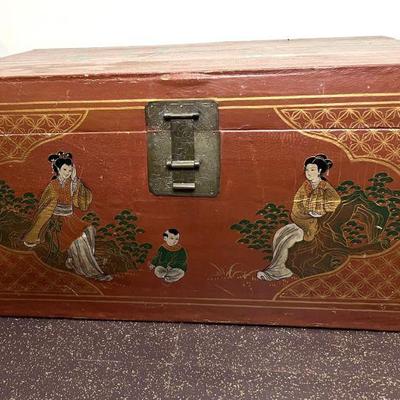 Antique Chinese Lacquered Fabric Or Paper Chest With Figural Designs