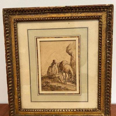 Thomas Barker (British, 1769-1847) Sepia & Lustre Ink "Man With Horse"