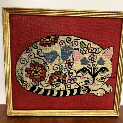 Flower Cat Original Framed Needlepoint Tapestry