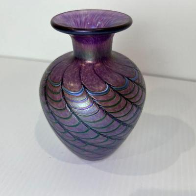 Purple & Blue Iridescent Feather Pull Art Glass Vase