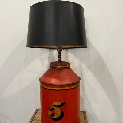 Red Toleware Lamp With Hand-Painted Graphic Number 5