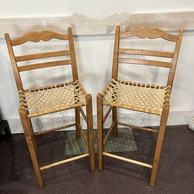 Rustic Barstools With Woven Rawhide Leather Seats