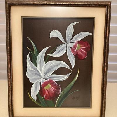 MSS080 Framed Vintage Original Painting Of Orchids