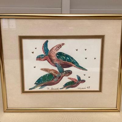 MSS083 Framed & Matted Original Painting Of Honu Turtles