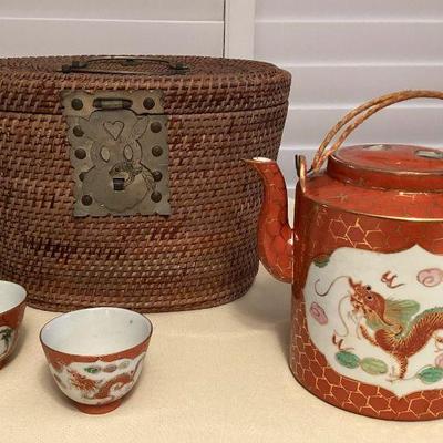 MSS066 Vintage Chinese Tea Set In Basket