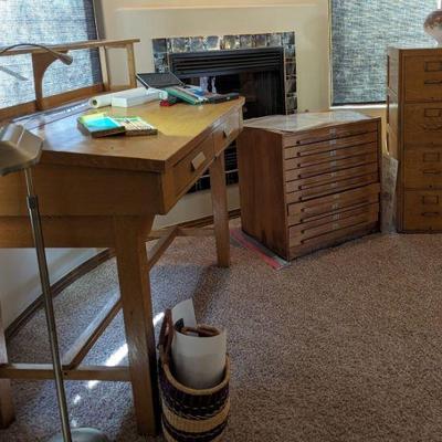 C.1930 to 1940 oak standing desk, oak flatfile cabinet and two oak files