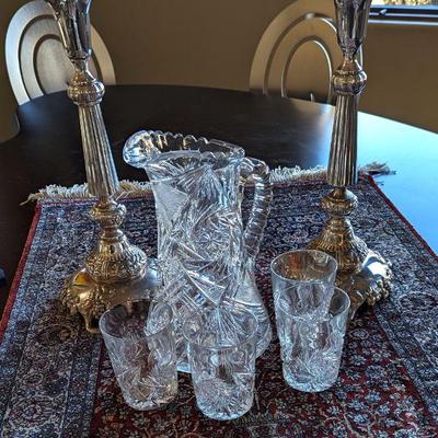 Brilliant cut lemonade set, heavy plated candlesticks