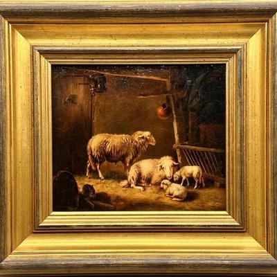 Gold Framed Crackle Finish Sheep in a Barn