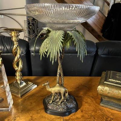 Vintage camel palm tree centerpiece with glass bowl - $120
