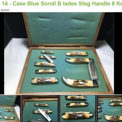 Lot # : 14 - Case Blue Scroll B lades Stag Handle 8 Knife Set
Small Stockman, Medium Stockman, Stockman, Canoe, Trapper, Cheetah, Folding...