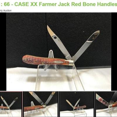 Lot # : 66 - CASE XX Farmer Jack Red Bone Handles

	1971 - 1972 CASE XX Farmer Jack Slim Line Trapper 62048 SP Measures: 4 1/8 