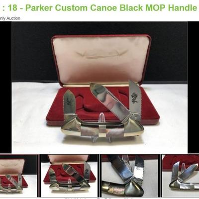 Lot # : 18 - Parker Custom Canoe Black MOP Handle #230

	PParker Custom Series Japan Black Pearl Excalibur Gunboat Canoe Knife Measures:...