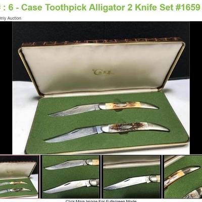Lot # : 6 - Case Toothpick Alligator 2 Knife Set #1659

1979 Case XX Alligator 2 knife set # 1659 Measures: 5 Blades: single etched with...