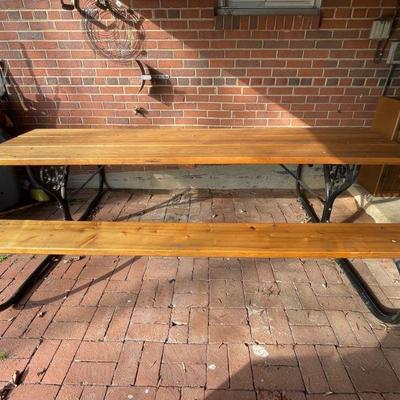 Large wood and metal picnic table and bench. Seats up to 10 people!!