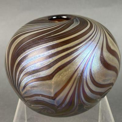 Lot 214 | Signed Irridescent Swirl Blown Glass Vase