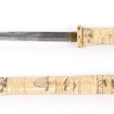 Intricately Carved Japanese Edo Style Bone Dagger