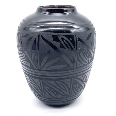 Navajo blackware pottery vase, made by and signed by Marvin Blackmore, 7 in.