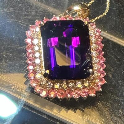 Amethyst, pink sapphire and diamond pendant 
