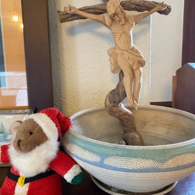 Decorative bowl and wooden cross figurine