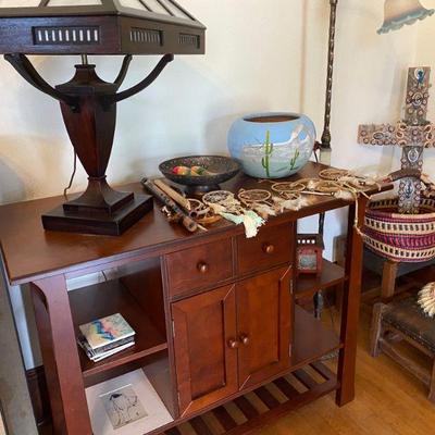 Mission style Entry Table and Art Deco Lamp and two antique leather covered foot stools